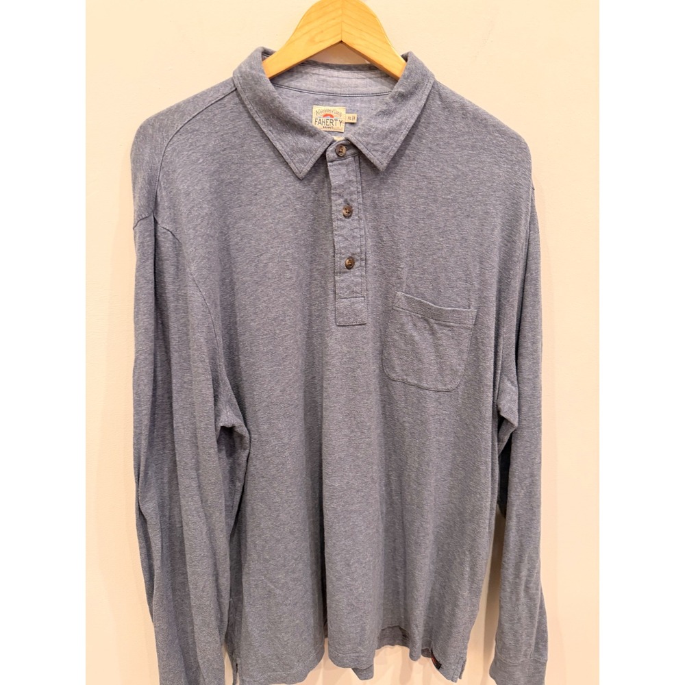 Faherty Brand Organic‎ Cotton Long Sleeve Polo Shirt Men's XL Blue